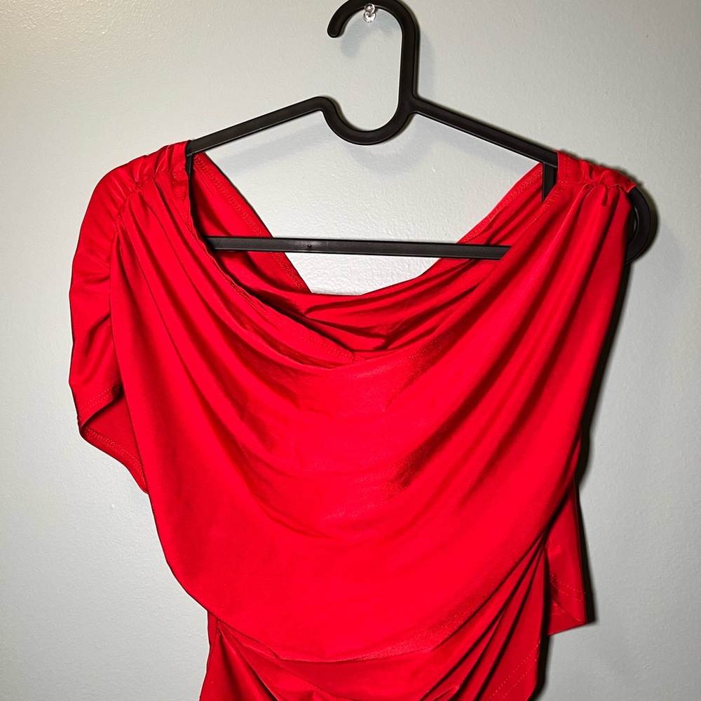 red draped cowl neck blouse